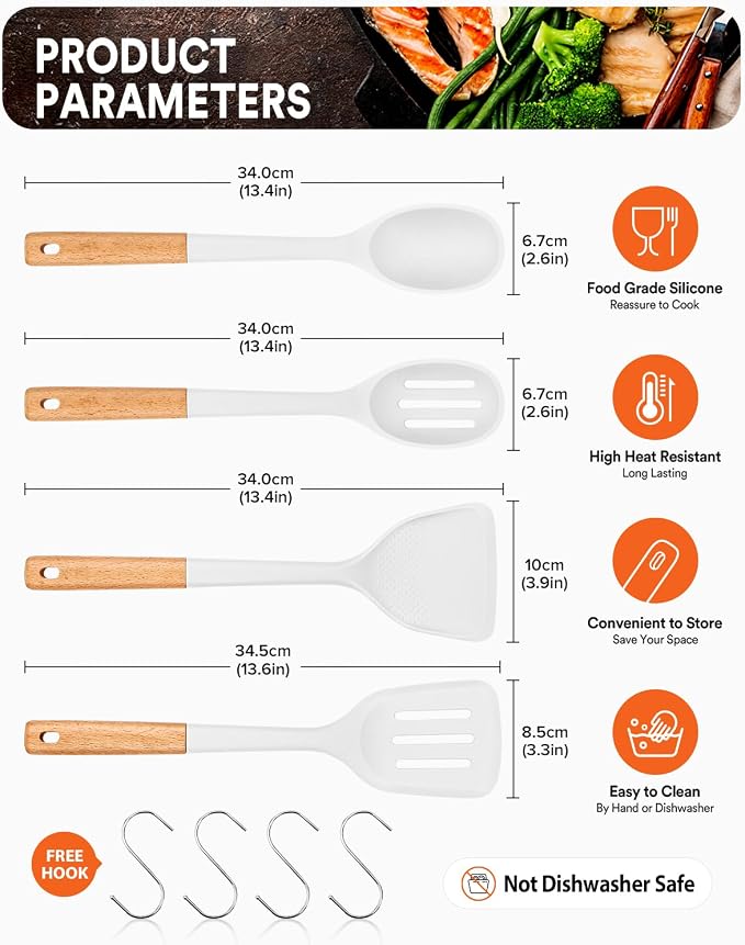 Silicone Cooking Utensils Set, Safe for Nonstick Cookwares, White | Perfectly Angled for Frying, Mixing,Serving,Draining,Turning and Stirring, BPA-Free Matte Silicone, Wood Handles,4 Pack