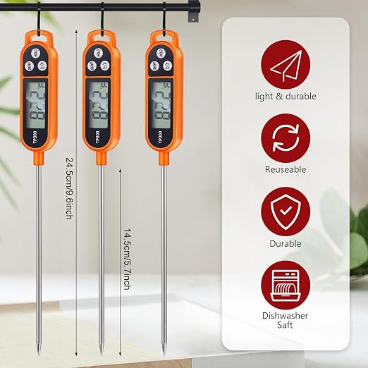 Instant Read Meat Thermometer with Long Probe 9.65 Inch Kitchen Cooking Food Candy Waterproof Digital Thermometer for BBQ Water Milk Yogurt Liquid(Orange,6 Pcs)