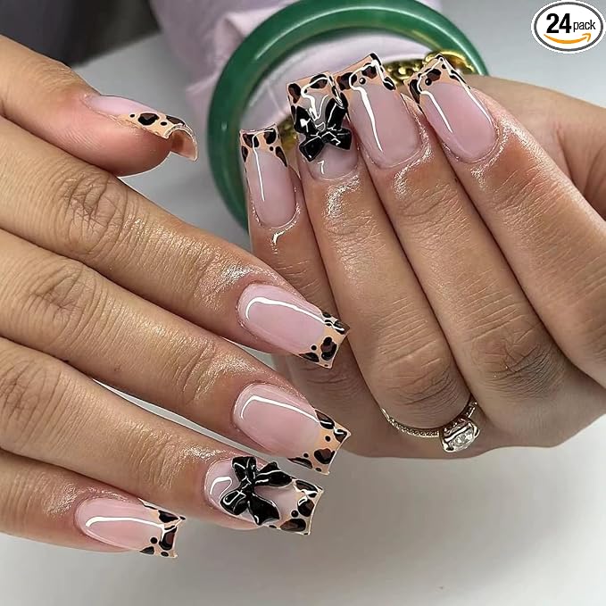 WLGDLH Medium Square Press on Nails Leopard Print French Fake Nails Press ons Nail Tips Kit 3D Black Bows Design Nude Glossy False Nails Full Cover Artificial Stick on Nail for Women 24Pcs