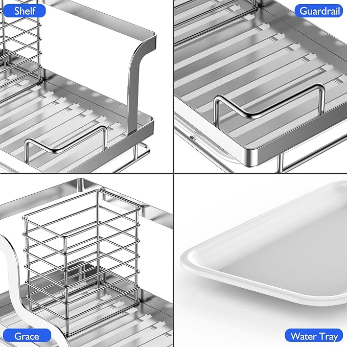 Sink Caddy Organizer, Stainless Steel Countertop Organizer, Sponge Holder with Removable Drain Pan for Sponge, Brush, Dishcloth, Dish Soap, Bottles (Silver)