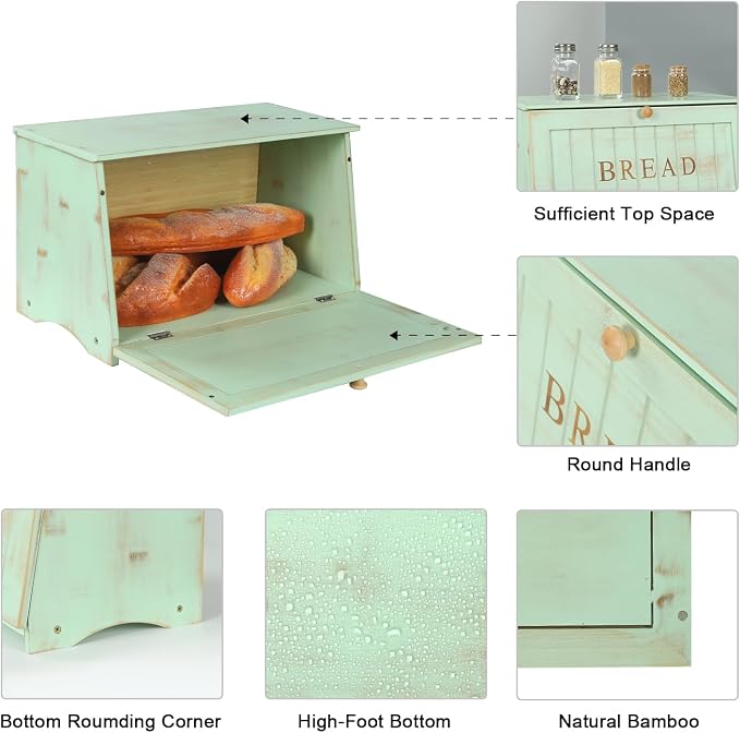 HOMEKOKO Large Wood Bread Box for Kitchen Counter, Retro Design Single Layer Bamboo Large Capacity Food Storage Bin (Mint Green)