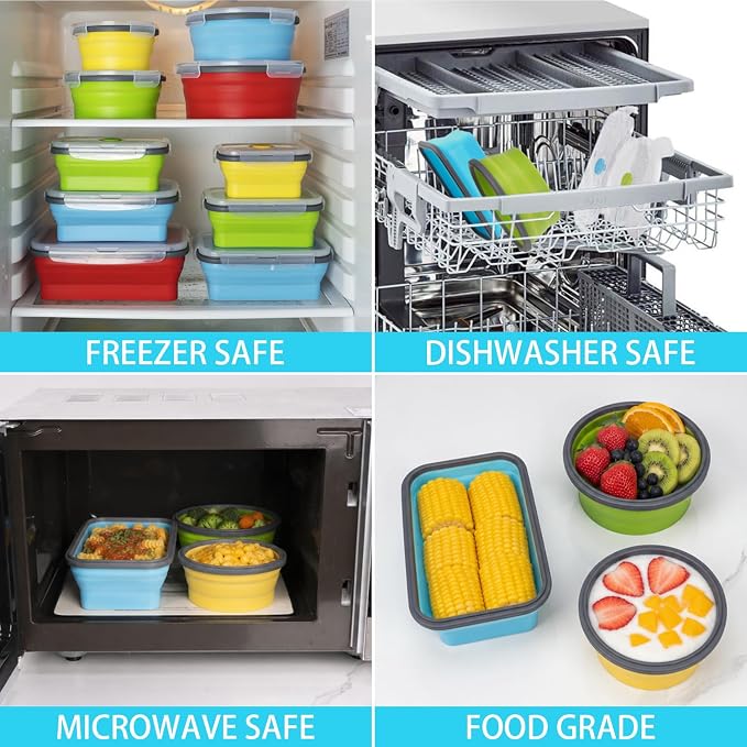 Collapsible Food Storage Containers with Lid & Air Vent, 8 Pack, 4 Rectangular + 4 Round, Annaklin Foldable Silicone Lunch Containers Collapsible Bowls Set, Microwave Freezer Dishwasher Safe, 4 Colors