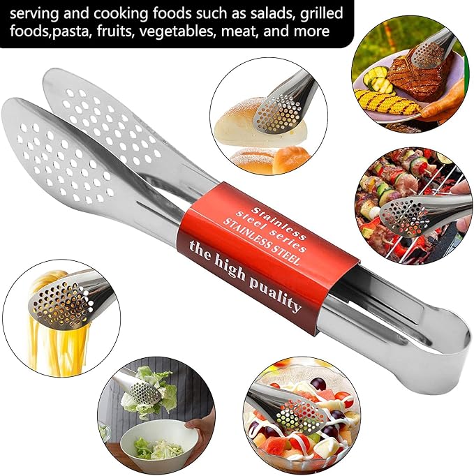 6 Pack Buffet Tongs,Stainless Steel Serving Tongs Serving Utensils 7Inch | 6-piece silver set with perforated tips for salads, appetizers, bread, desserts, parties, catering and family meals