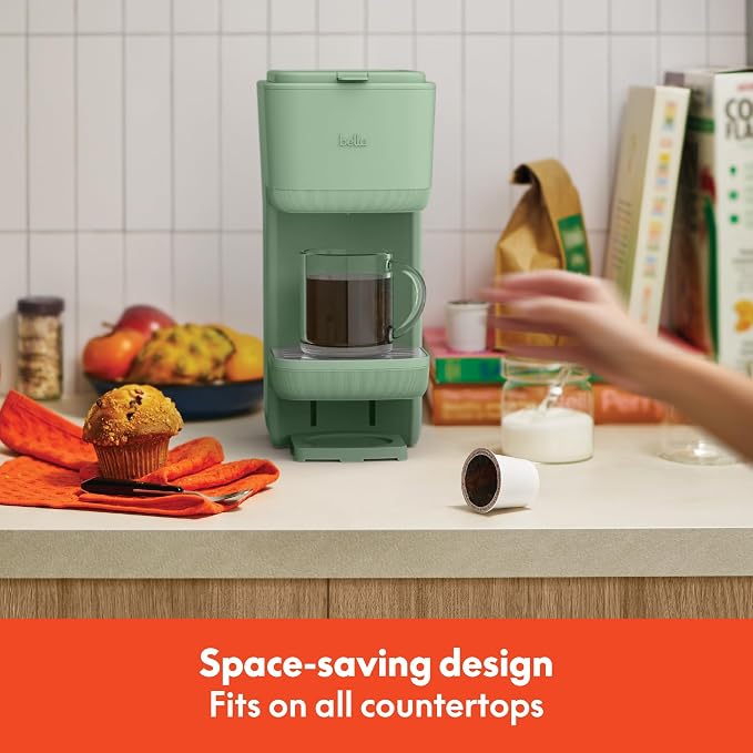 bella Single Serve Coffee Maker, K Cup & Coffee Ground Compatible, Seaglass