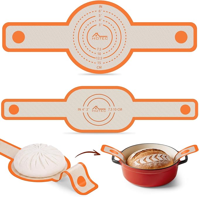 HOTEC 2 Pcs Silicone Bread Sling for Dutch Oven, 0.7MM Thickened Heat Resistant to 500°F Non-Stick Baking Mat with Long Handle Easy to Transfer Sourdough Bread, Dutch Oven Liners Baking Supplies