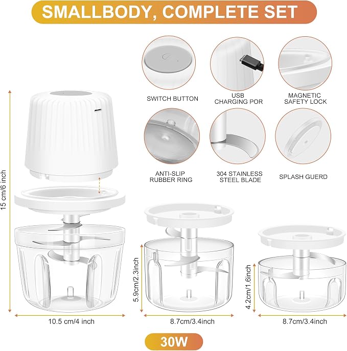 100+250+400ML Electric Garlic Chopper, 6 Blades Garlic Mincer | Mini USB Portable Vegetable Chopper, Onion Grinder, Small Food Processor for Ginger, Chili, Fruit, Meat