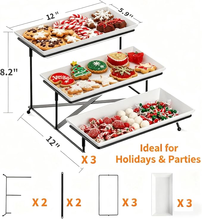 3 Tier Serving Tray, 12" White Plastic Tiered Food Serving Platters, Reusable Tray Stand Black Collapsible Metal Stand with Stable Cross Bars, Party Display Stands for Veggie Fruit, Dessert