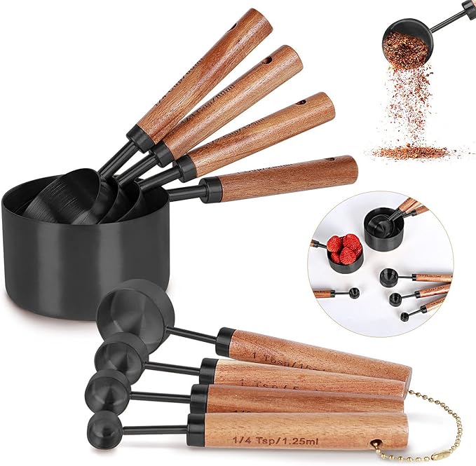 8-Piece Stainless Steel Measuring Cups and Spoons, Acacia Handles, Black