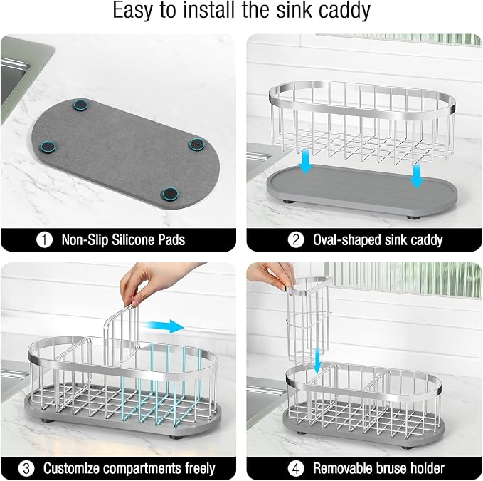 Sink Caddy Kitchen Sink Organizer, Sponge & Brush Holder, Stone Drying Mat | Space-Saving Sink Sponge Holder with Full-Size Tool Storage, Fits Most Sinks, Kitchen Sink Accessory and Countertop Organizer
