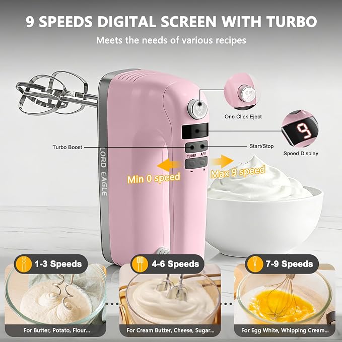 Lord Eagle 9-Speed Digital Hand Mixer Electric Handheld, 500W DC Motor | Kitchen Mixer for Cake Baking, Lightweight Egg Beaters with Stain-resistant & Waterproof Storage Bag & 6 Accessories, Pink