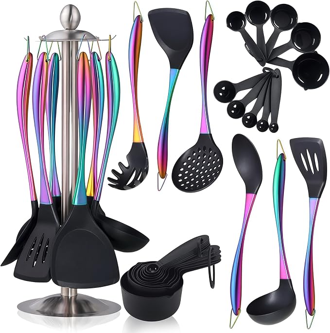 Silicone Cooking Utensils Set, 17pcs Kitchen Utensil Set with Rotatable Holder, Heat-Resistant Silicone Utensils for Cooking, Non-Stick Spatula Set with Stainless Steel Handle,Turner,Ladle (Rainbow)