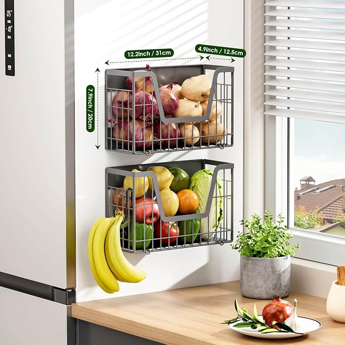 Grey Magnetic Shelf for Fridge, 2-Pack Potato and Onion Storage Bin | Magnetic Fruit Basket for Fridge, Magnetic Shelves Kitchen Pantry Organizers & Storage, Magnetic Spice Rack for Refrigerator