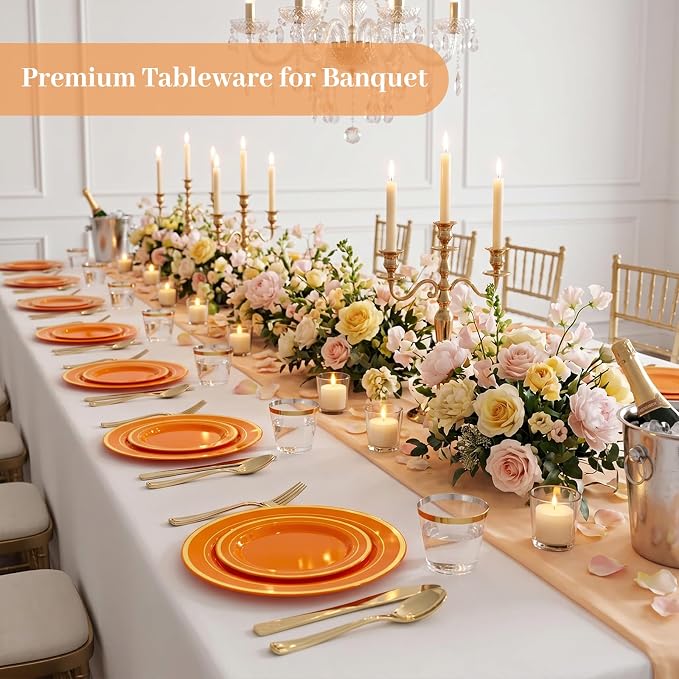 DaYammi 350PCS Orange Gold Plastic Dinnerware Set for 50 Guests, Fancy Disposable Plates for Party, Include: 50 Dinner Plates, 50 Dessert Plates, 50 Pre Rolled Napkins with Gold Silverware, 50 Cups