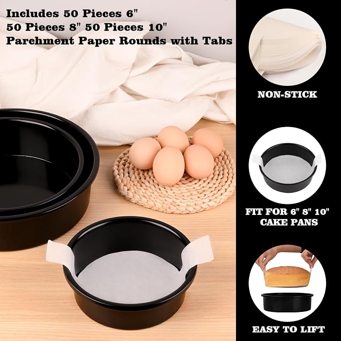 HUAKENER 3 Pack Round Cake Pans, Carbon Steel Pan with Parchment Paper | 6" 8" 10 Inch Circle Cake Pan with 150 Pieces Parchment Paper, Non-stick Cake Baking Pans, Dishwasher Safe