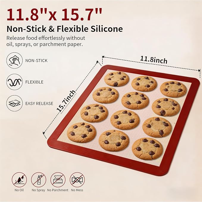 Silicone Baking Mat, 2 Pack Food Grade Non-Stick Baking Mats | Reusable 2-pack baking mats reduce waste and replace parchment paper for everyday baking.