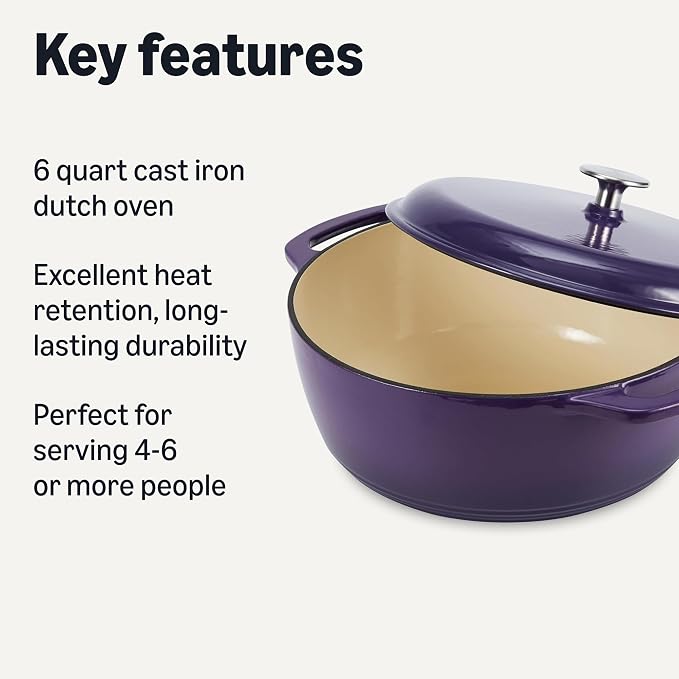 Amazon Basics Enameled Cast Iron Dutch Oven Pot with Lid, Round, Dual Handles, Heavy-Duty, Oven Safe for Stews, Roasting, Baking, 6-Quart, Purple