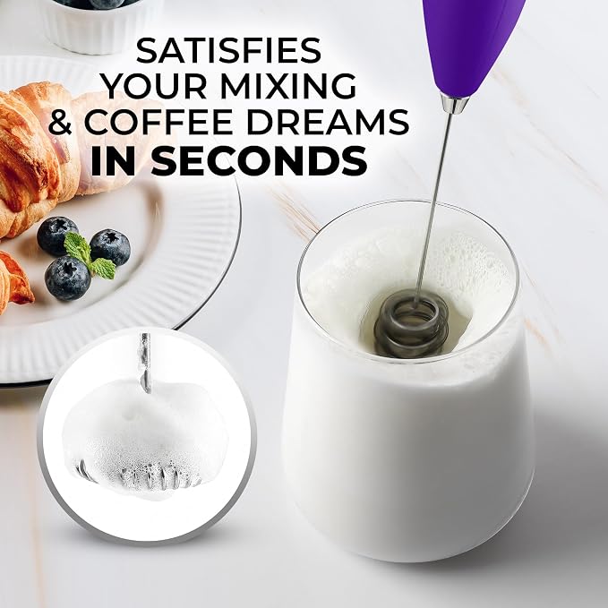 Zulay Kitchen Powerful Milk Frother Wand With Duracell Batteries - Ultra Fast Handheld Drink Mixer - Electric Whisk Foam Maker for Coffee, Lattes, Cappuccino & Matcha - Triple Whisk - Black