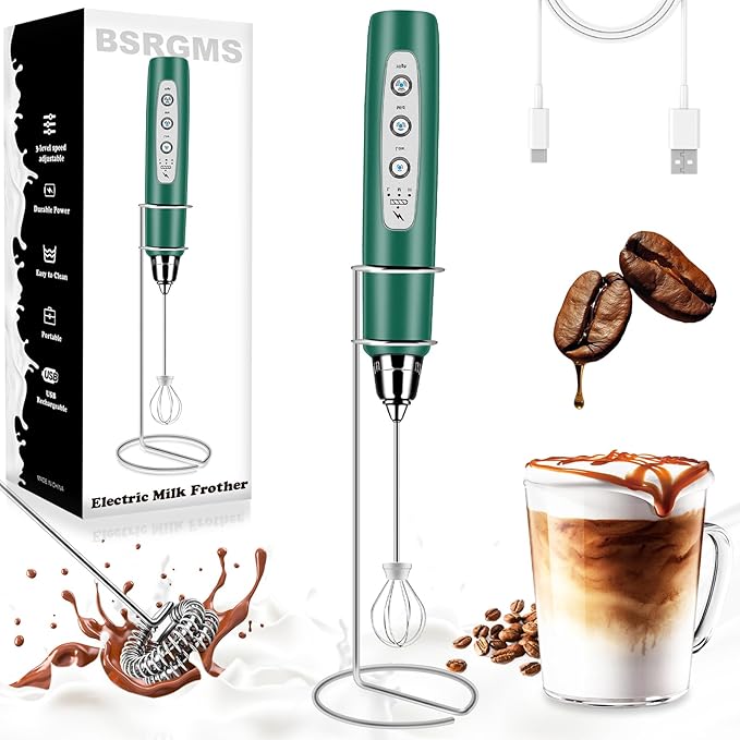 Milk Frother Wand Rechargeable Handheld Whisk Coffee 3 Speed Adjustable | Electric Whisk Drink Mixer with Stainless 3 Whisks Hand Frother , Foam Maker for Latte Cappuccino Matcha Egg Silver