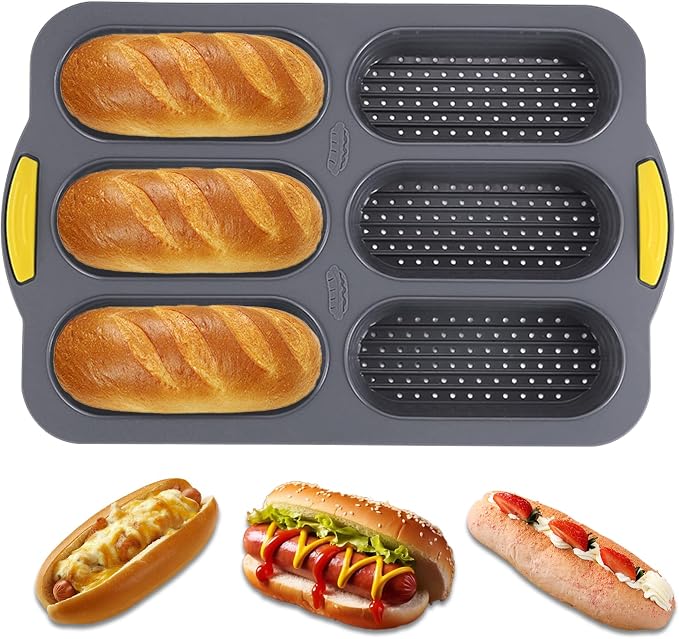 Silicone Bread Loaf Pan, Nonstick Baguette Bread Pan, 6-cavity | Food Grade Silicone Molds for Baking Hot Dog Buns Hoagie Rolls Sandwich, Sourdough Loaf Pan, Bread Pans for Homemade Bread