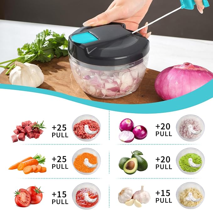 Manual Food Processor Vegetable Chopper (520ml, Blue) | Mini Food Vegetable Chopper, Hand Pull Onion Garlic Nut Fruit Salad Meat Chopper for Kitchen