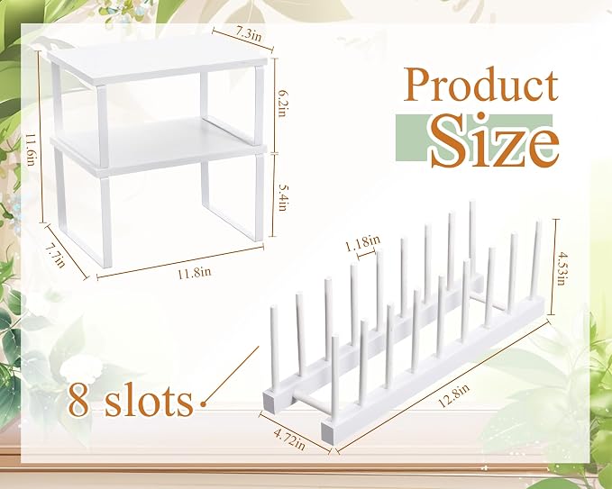 Marsui 4 Pcs Kitchen Organizer Accessories Set for Cabinet,White | Cabinet Organizer Shelves, Bamboo Dish Drying Plate Rack, Wooden Counter Storage Holder, for Spice Dish Pot Lid Bowl Cup