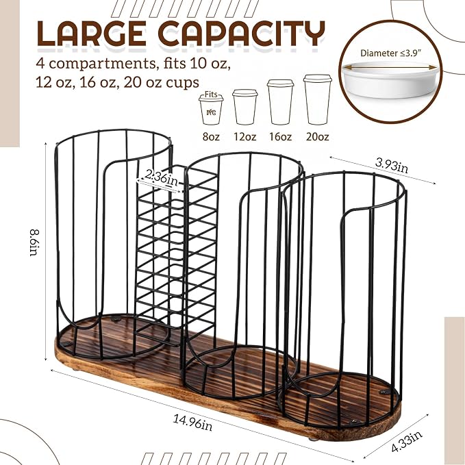 18oz Adjustable Coffee Cup Dispenser with Wooden Base, Cup and Lid Holder, Cups Holder Organizer for Coffee Pod Straw and Lid Storage(4-compartment Single,Color 5)