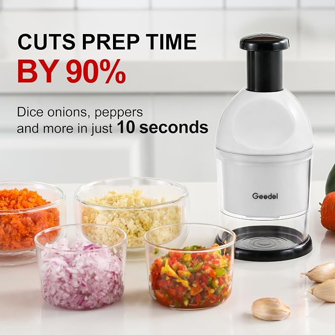 Geedel Food Chopper, Manual Vegetable Chopper Cutter, Slap Onion Cutter | Hand Chopper for Veggie Onions Garlic Nuts Salads, Fast & Even Chopping, Sharp Stainless Steel Blade, Dishwasher Safe, No BPA