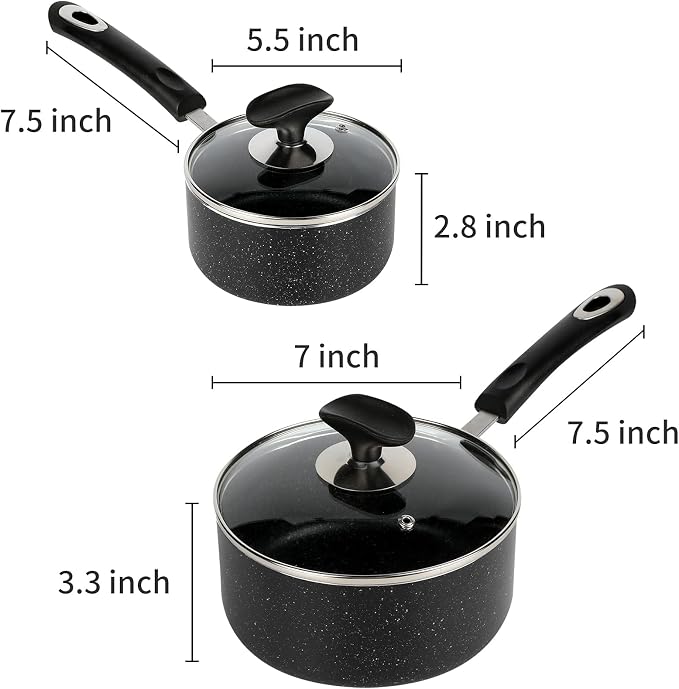 Nonstick Saucepan Set - 1 Quart and 2 Quart,Ultra Non Stick Sauce Pan Small Pot with Glass Lid,Great for Home Kitchen Restaurant,Black