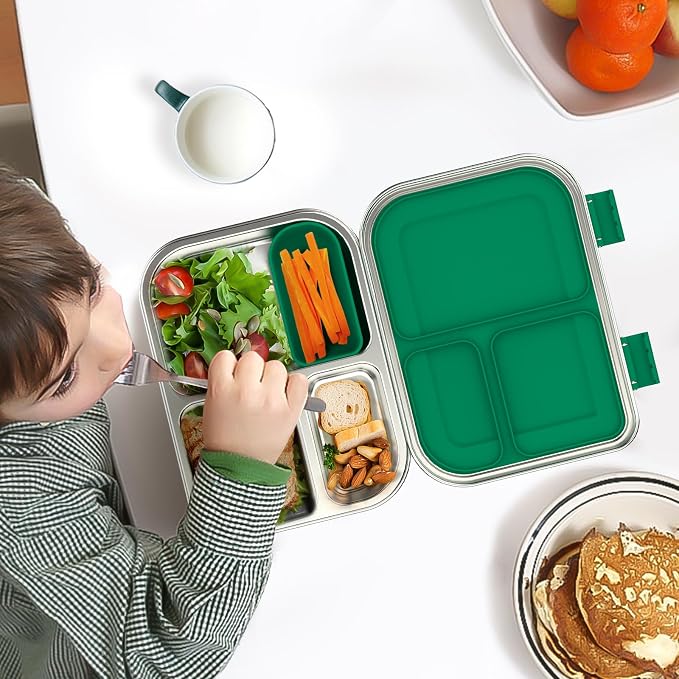 BOSEDSANG Stainless Steel Kids Leak-Resistant Bento Lunch Box, 3-Compartments with Silicone Container, Dishwasher-Safe, Child-Friendly Design for School, Picnics & Travel,BPA-Free (Green)