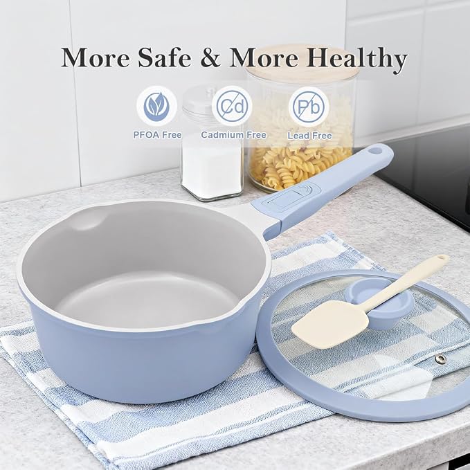 AIKENBBKK Small Sauce Pan with Lid, 1.5 Qt Ceramic Saucepan with Lid, Non Stick Sauce Pan, Milk Pot & Sauce Pot & Saucepan with Pour Spout, Detachable Handle Milk Pan, Induction Compatible, Oven Safe
