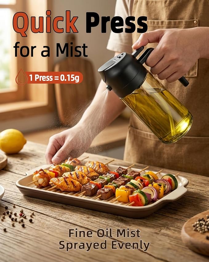 16oz/470ml Oil Sprayer for Cooking, 2 in 1 Oil Dispenser for Kitchen, Olive Oil Sprayer, Food Grade Glass Bottle for Kitchen Gadgets, Air Fryer Accessories, Salad, BBQ (Black)