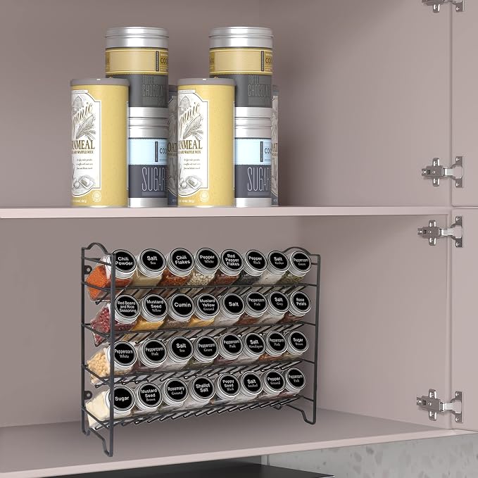 SWOMMOLY Spice Rack Organizer with 32 Glass Spice Jars and 396 Spice Labels | Chalk Marker, Funnel - Spice Organizer for Cabinet, Countertop, Pantry, Cupboard & Wall Mount, 14.8" W × 12.6" H, Black