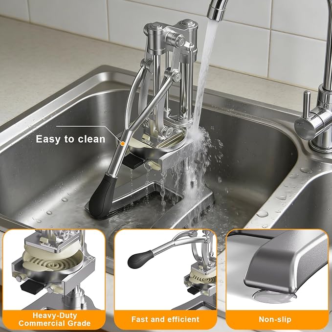2-in-1 Commercial Manual Juicer & French Fry Cutter, Heavy Duty Cast Aluminum Citrus Press and Vegetable Chopper with 1/4", 3/8" & 1/2" Stainless Steel Blades for Potato, Orange & Lemon
