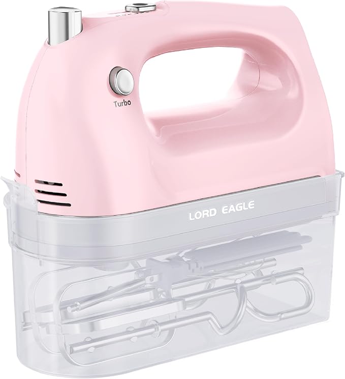 Lord Eagle Hand Mixer Electric Handheld 400W,5-Speed, Lightweight, Pink | Kitchen Mixer with Storage Case, 5 Stainless Steel Attachments for Baking Cake Egg Cream Food Beater, Turbo+Eject Button