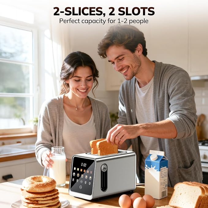 Keenstone Toaster 2 Slice, Digital Smart Toaster with TouchScreen | Dual Control Panel, Single Slot Toasting, Timer, Reheat & Defrost for Bagels, Bread, Waffles, Stainless Steel