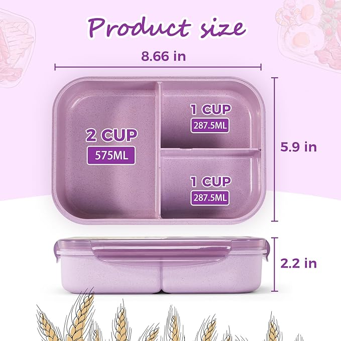 MISS BIG® Bento Lunch Box for Kids, 1150ml, 3 Compartments, Purple | Purple kids bento lunch box for school lunch, daycare snacks, preschool meals, picnic food, and travel.