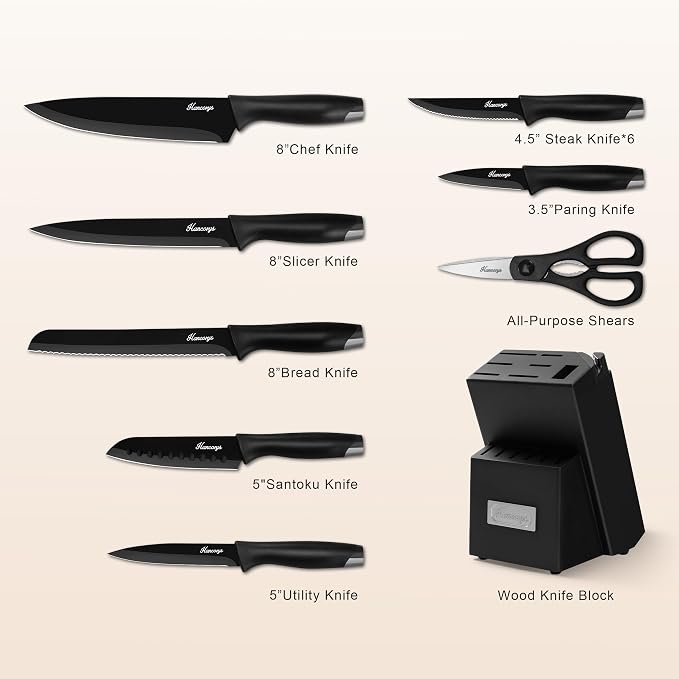 15 PCS Black Knife Set for Kitchen with Block, Built-In Sharpener | German High-Carbon Stainless Steel Nonstick Ceramic Anti-Rust Coating Blades, Ergonomic Handle, Ultra Sharp Cooking Knives