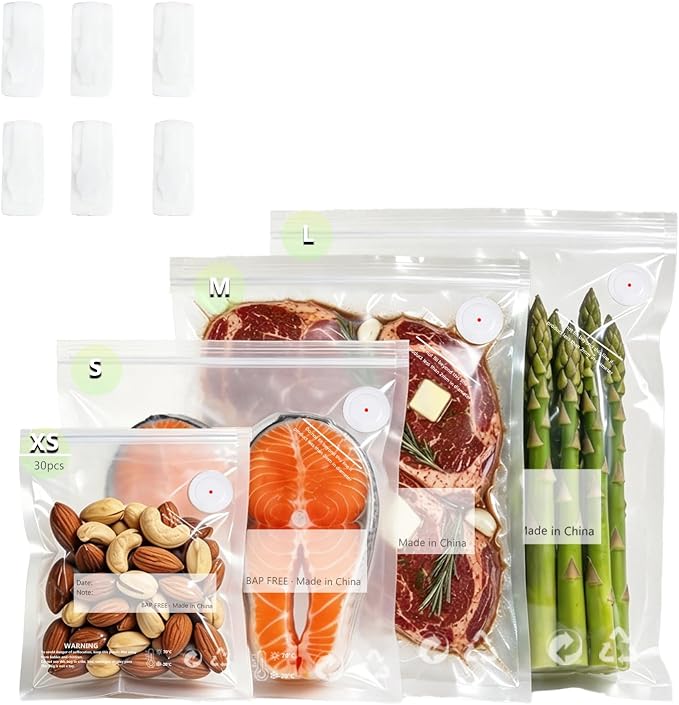 8.3 * 8.7 Inches Reusable Vacuum Sealer Bags for Food – 30 Packs | Leak-Proof & BPA-Free, Includes 6 Free Bag Clips,Ideal for Food Storage,Sous Vide,Freezer & Handheld Vacuum Sealer Compatible