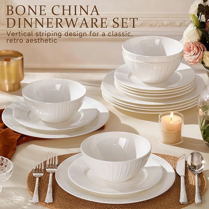 24Pc Textured White Bone China Set Service for 8 | Lightweight porcelain plate & bowl set. Microwave & dishwasher safe for daily family meals, restaurants, or gifting.