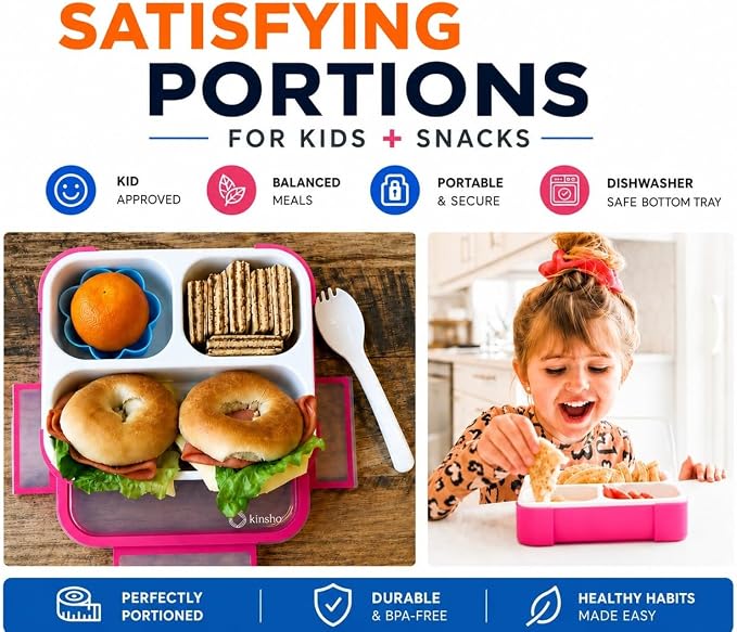 kinsho Bento Box for Kids, Toddler Lunch Boxes Snack Container for Small Boys Girls School Daycare, Leakproof 3 Compartments, Adult Portion Control Snacks, BPA Free. Medium Orange Pink 2 Pack