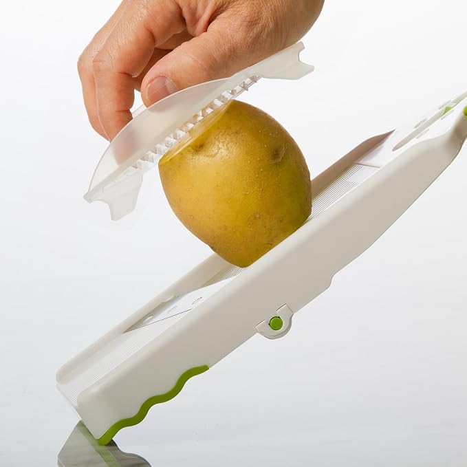 PrepSolutions Adjust-A-Slice & Julienne Mandoline, White & Green – Adjustable Slicer for Fruits and Vegetables