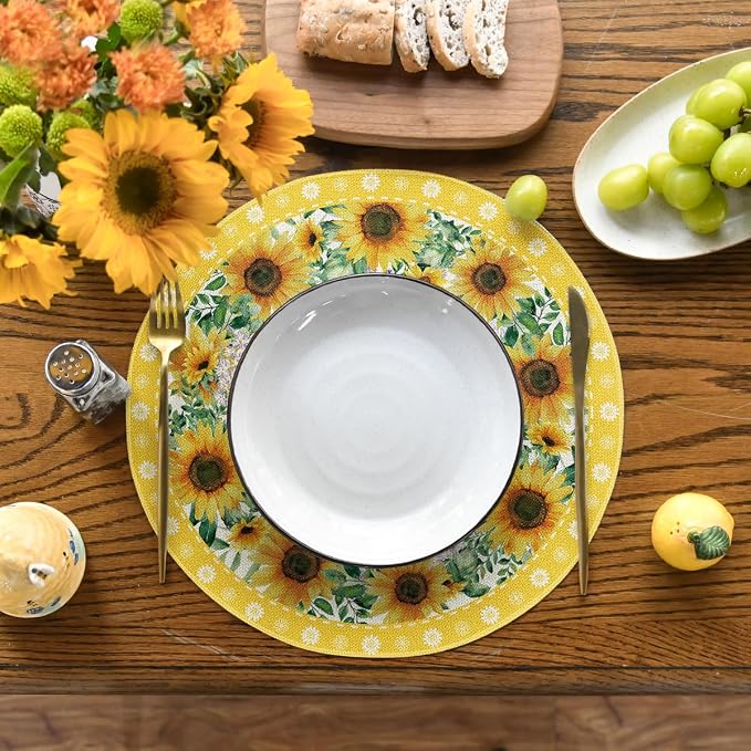 Artoid Mode Leaves Sunflower Round Summer Placemats Set of 4, 14 Inch Seasonal Holiday Round Table Mats for Party Kitchen Dining Decoration