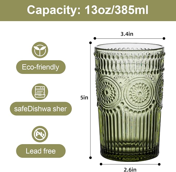ZMOWIPDL Drinking Glasses Set of 6,13oz Flower Design Green Glass Cups | Vintage Glassware,Textured Tumblers,Embossed Striped Drinkware for Water,Cocktails,Juice,Iced Coffee