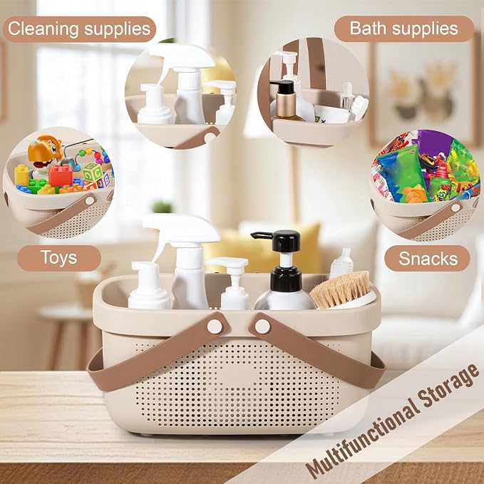 Portable Shower Caddy Basket with Handles Plastic Storage Basket Beige | Sturdy Drainage Large Capacity Organizer Basket with Silicone Handles for Bathroom Kitchen Bedroom College Dorm Essentials
