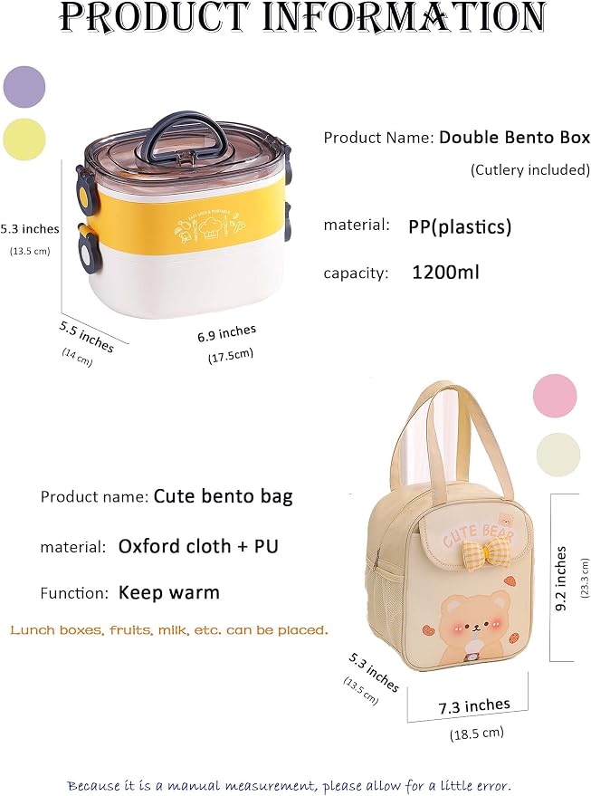 Kawaii Bento Box, Leakproof Lunch Box with Bag & Tableware