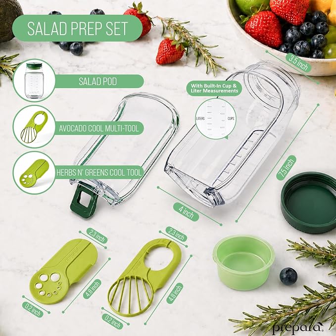 Prepara Salad Set - Herbs n' Greens, Avocado Cool & Salad Pod | BPA-Free, Ideal for Meal Prep, Snacks & Salads, Multi-Function Prep Tools, Includes 2.5 oz Leakproof Dressing Capsule