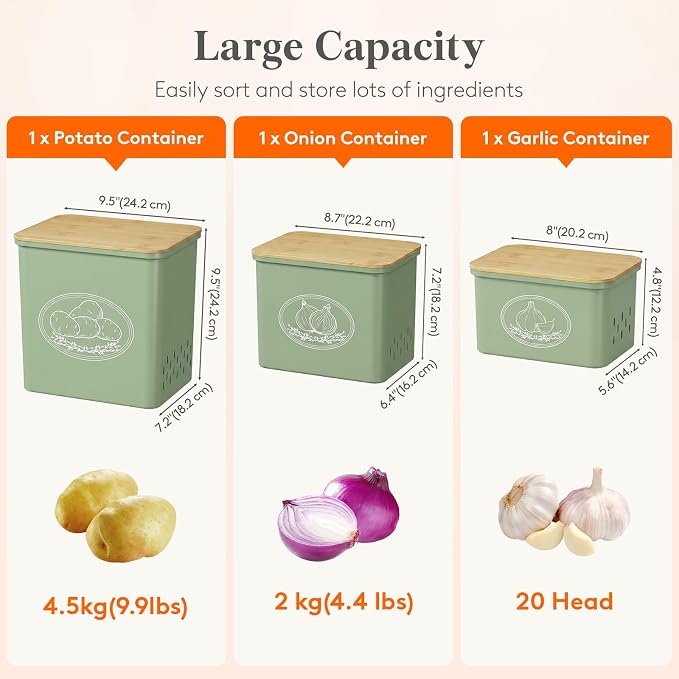 Lifewit Plastic Potato and Onion Storage Bin Box, Set of 3, Green | Stackable Garlic Keeper, Vegetable Container Box, Aerating Holes & Lid for Pantry Countertop