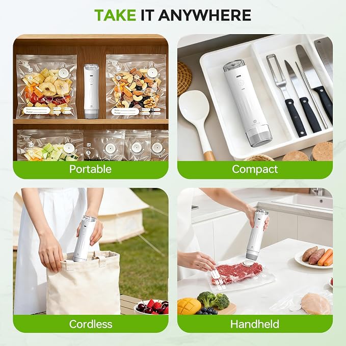 ShinePick Vacuum Sealer for Food, Powerful Handheld Food Saver Machine Compact Vacuum Sealer Machine with Visible Water Tank, 15 Reusable Sealer Bags & 10 Mason Lids, for Kitchen, Travel & Outdoor