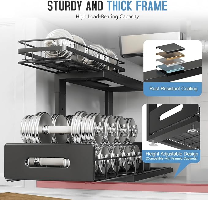 Under Sink Organizer Upgrade To Professional Rails,2-Tier Dual Pull Out Cabinet Storage,Height Adjustable Slide Out Drawers For Bathroom Kitchen,2 Pack-16.7"Dx12.8"-16.9"H,Black
