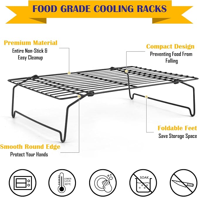 Leonyo Cooling Rack, 3 Tier Stainless Steel Stackable Cooling Racks for Baking, Cooking, Roasting, Grilling, Cool Batches of Cookie, Collapsible & Heavy Duty, Oven Safe & Easy Clean, 15" x 10", Black
